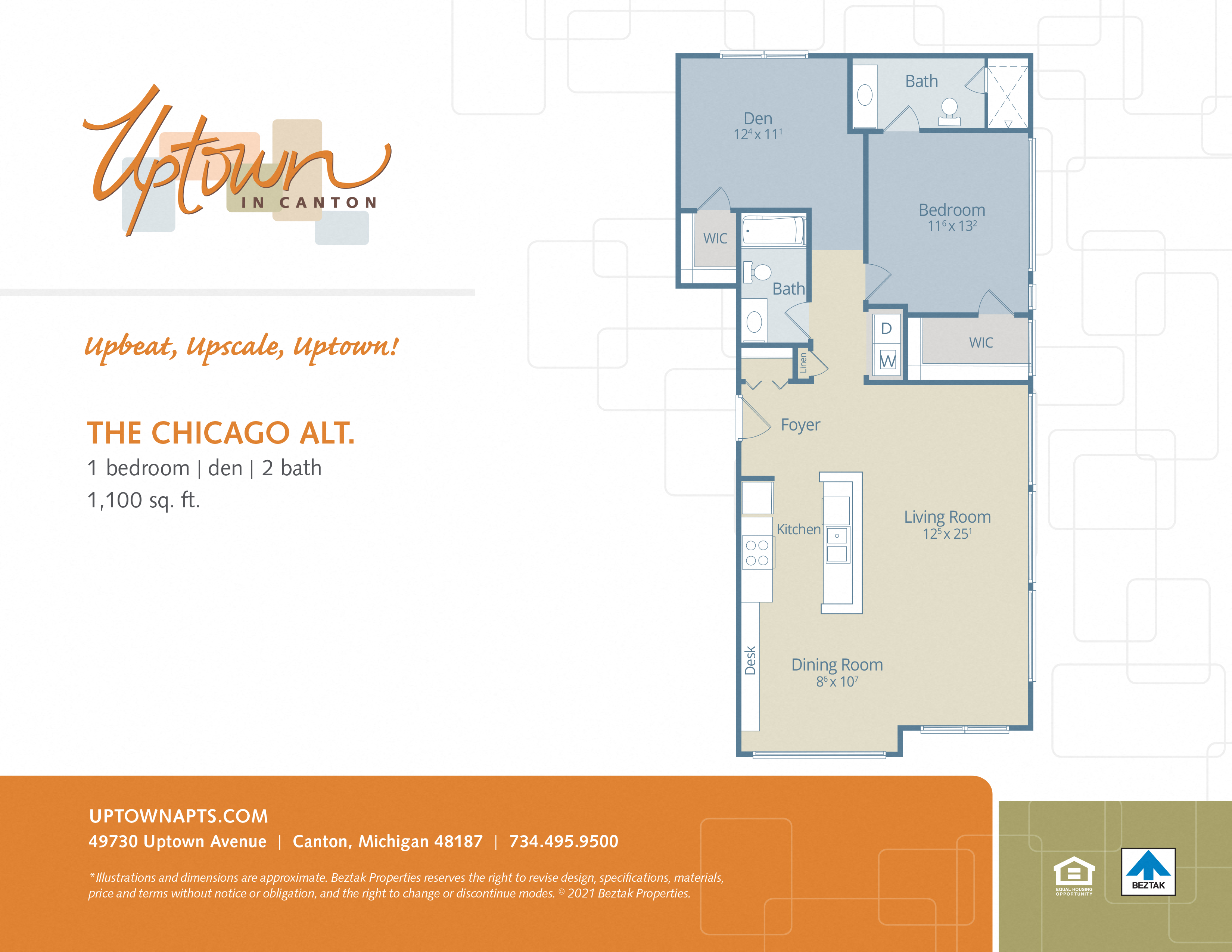 Floor plan for 1 bed, 2 baths, 1042 sqft